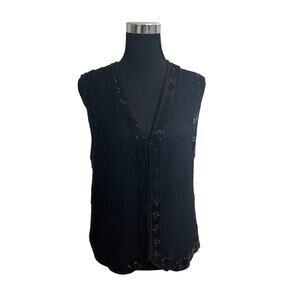 Vintage Rafaella Womens Black Beaded V-Neck Vest 100% Silk Medium